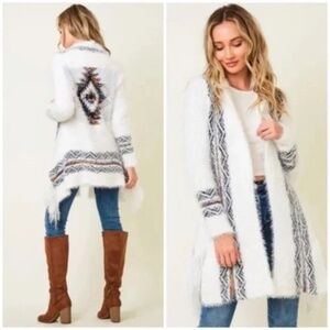 White Fuzzy Eyelash Western Boho Fringe Rainbow Aztec Pattern Open Knit Cardigan